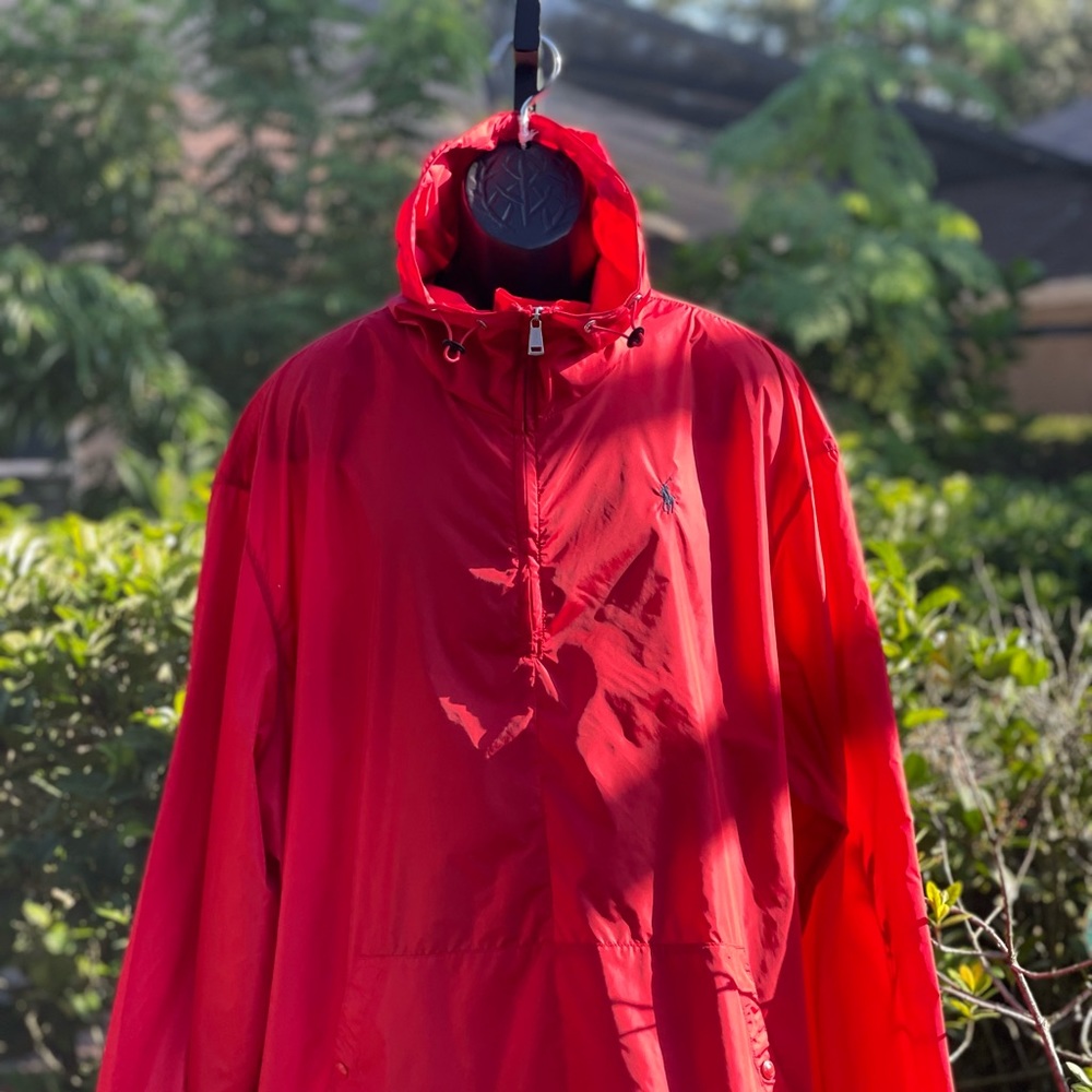 POLO RALPH LAUREN SMALL PONY QUARTER ZIP HOODED PULLOVER NYLON RED JACKET